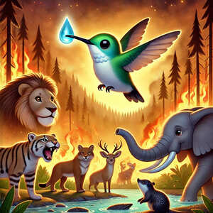 Pajaro valiente con una gota de agua en su pico, el resto de los animales lo rodean